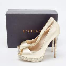 Le Silla Golden Leather Crystal Embellished Platform Peep Toe Pumps Size 41