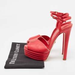Le Silla Red Leather Peep Toe Platform Ankle Strap Sandals Size 37