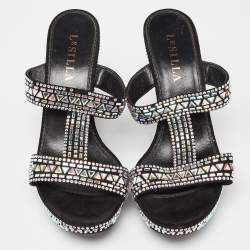 Le Silla Black Suede Embellished Wedge Sandals Size 39