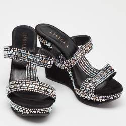 Le Silla Black Suede Embellished Wedge Sandals Size 39