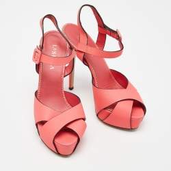 Pre Owned Le Silla Coral Pink Leather Ankle Strap Platform Sandals Size 39