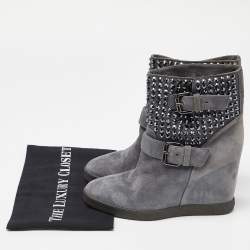 Le Silla Grey Suede Crystal Embellished Wedge Ankle Boots Size 38