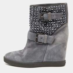 Le Silla Grey Suede Crystal Embellished Wedge Ankle Boots Size 38