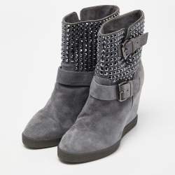 Le Silla Grey Suede Crystal Embellished Wedge Ankle Boots Size 38