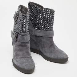 Le Silla Grey Suede Crystal Embellished Wedge Ankle Boots Size 38