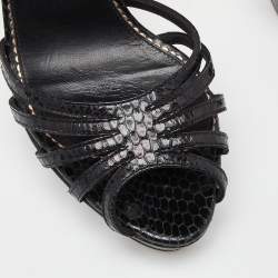 Le Silla Black Python Embossed Leather Ankle Strap Platform Sandals Size 40