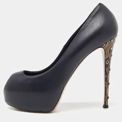 Pre Owned Le Silla Blue Leather Embellished Heel Peep Toe Pumps Size 37