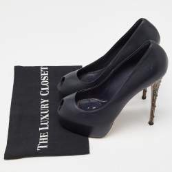 Pre Owned Le Silla Blue Leather Embellished Heel Peep Toe Pumps Size 37