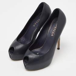 Pre Owned Le Silla Blue Leather Embellished Heel Peep Toe Pumps Size 37