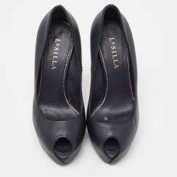 Pre Owned Le Silla Blue Leather Embellished Heel Peep Toe Pumps Size 37