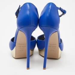 Pre Owned Le Silla Blue Leather Peep Toe Platform Ankle Strap Sandals Size 37.5