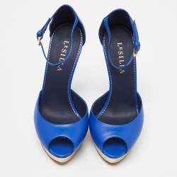 Pre Owned Le Silla Blue Leather Peep Toe Platform Ankle Strap Sandals Size 37.5