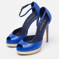 Pre Owned Le Silla Blue Leather Peep Toe Platform Ankle Strap Sandals Size 37.5
