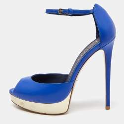 Pre Owned Le Silla Blue Leather Peep Toe Platform Ankle Strap Sandals Size 37.5