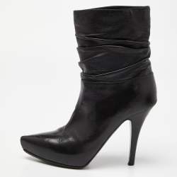 Pre Owned Le Silla Black Leather Rucched Detail Ankle Length Pointed Toe Boots Size 36.5