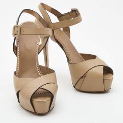 Pre Owned Le Silla Beige Leather Platform Ankle Strap Sandals Size 37