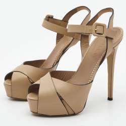 Pre Owned Le Silla Beige Leather Platform Ankle Strap Sandals Size 37