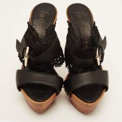 Le Silla Black Leather and Lace Wooden Platform Slide Sandals Size 36