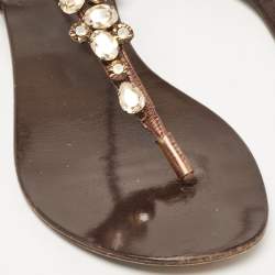 Pre Owned Le Silla Metallic Brown Leather Crystal Embellished Thong Flat Sandals Size 39.5