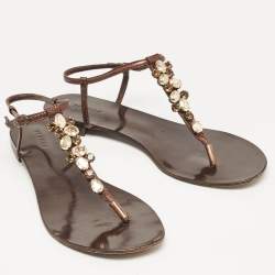 Pre Owned Le Silla Metallic Brown Leather Crystal Embellished Thong Flat Sandals Size 39.5