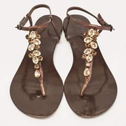 Pre Owned Le Silla Metallic Brown Leather Crystal Embellished Thong Flat Sandals Size 39.5