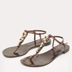 Pre Owned Le Silla Metallic Brown Leather Crystal Embellished Thong Flat Sandals Size 39.5