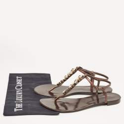 Pre Owned Le Silla Metallic Brown Leather Crystal Embellished Thong Flat Sandals Size 39.5