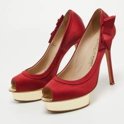 Le Silla Red Satin Peep Toe Platform Pumps Size 40.5
