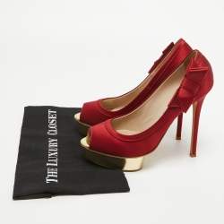 Le Silla Red Satin Peep Toe Platform Pumps Size 40.5