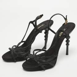 Le Silla Black Crystal Embellished Satin Slingback Sandals Size 38
