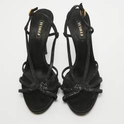 Le Silla Black Crystal Embellished Satin Slingback Sandals Size 38