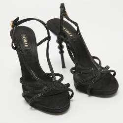 Le Silla Black Crystal Embellished Satin Slingback Sandals Size 38