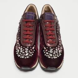 Pre Owned Le Silla Purple Velvet and Leather Crystal Embellished Low Top Sneakers Size 39
