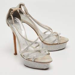 Le Silla Silver Leather and Crystal Embellished Criss Cross Strap Platform Sandals Size 37