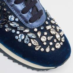 Le Silla Navy Blue Velvet and Leather Crystal Embellished Low Top Sneakers Size 38.5