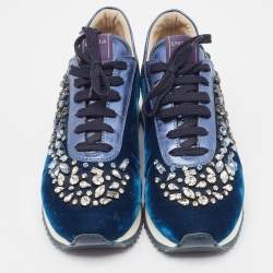 Le Silla Navy Blue Velvet and Leather Crystal Embellished Low Top Sneakers Size 38.5