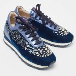 Le Silla Navy Blue Velvet and Leather Crystal Embellished Low Top Sneakers Size 38.5