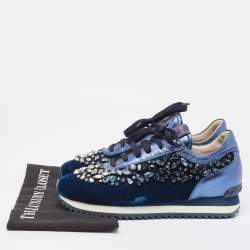 Le Silla Navy Blue Velvet and Leather Crystal Embellished Low Top Sneakers Size 38.5