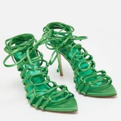 Le Silla Green Satin Lace Up Ankle Wrap Sandals Size 36.5 