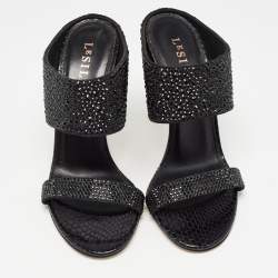 Le Silla Black Suede and Snake Embossed Leather Open Toe Sandals Size 37.5