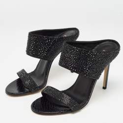 Le Silla Black Suede and Snake Embossed Leather Open Toe Sandals Size 37.5