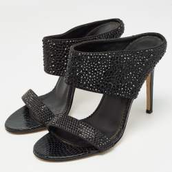 Le Silla Black Suede and Snakeskin Embossed Crystals Embellished Sandals Size 38