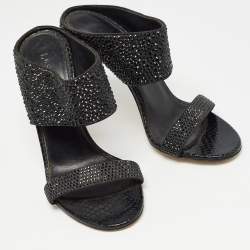 Le Silla Black Suede and Snakeskin Embossed Crystals Embellished Sandals Size 38