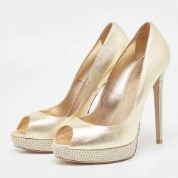 Le Silla Metallic Gold Leather Peep Toe Pumps Size 38.5