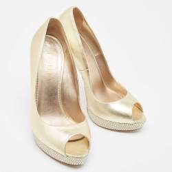 Le Silla Metallic Gold Leather Peep Toe Pumps Size 38.5