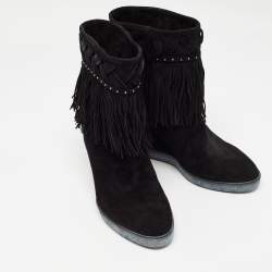 Le Silla Black Suede Concealed Fringed Wedge Boots Size 37
