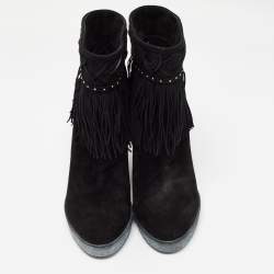 Le Silla Black Suede Concealed Fringed Wedge Boots Size 37
