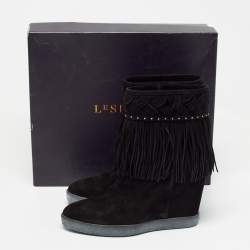 Le Silla Black Suede Concealed Fringed Wedge Boots Size 37