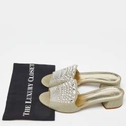 Le Silla Silver Glitter Canvas Crystal Embellished Block Heel Slide Sandals Size 41