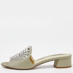 Le Silla Silver Glitter Canvas Crystal Embellished Block Heel Slide Sandals Size 41